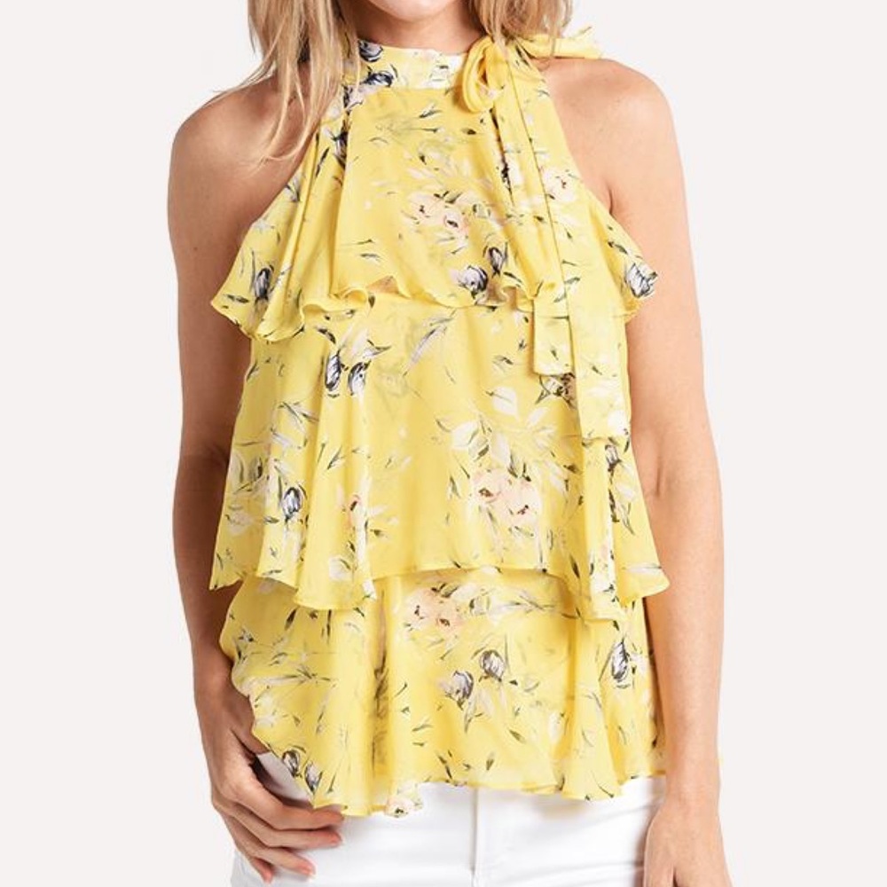 MONIQUE LHUILLIER 🌟SLEEVELESS TIE NECK TIERED RUFFLE TOP XS (Small hole)